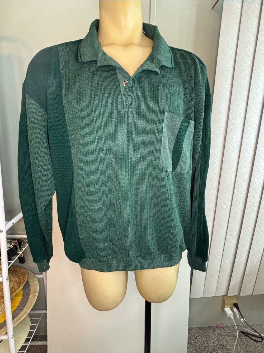 Essentials Dark Green Long-Sleeve Polo with Chest Pocket